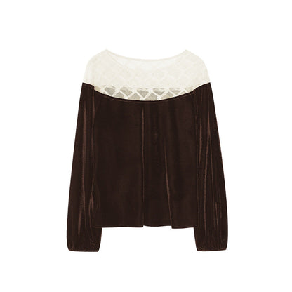 Women's Contrast Color Velvet Crew Neck Long Sleeve Pullover Top