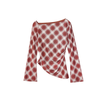 Autumn French Retro Plaid Irregular Slant Neck Off-Shoulder Long Sleeve Bottom Shirt
