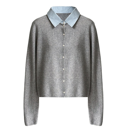 Fake two-piece splicing knitted cardigan women's Spring Festival lazy wind contrasting color shirt collar wide top
