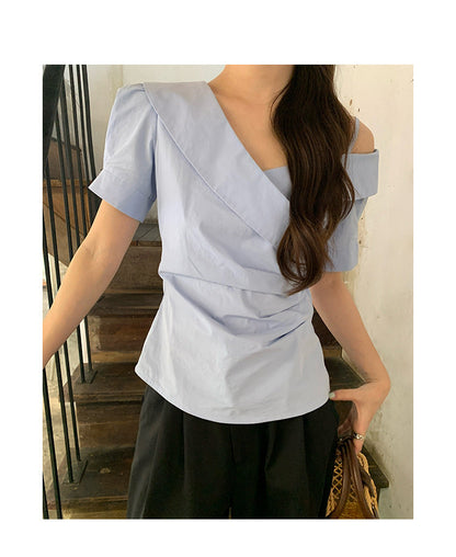 Gentle temperament design diagonal shoulder collar waist shirt