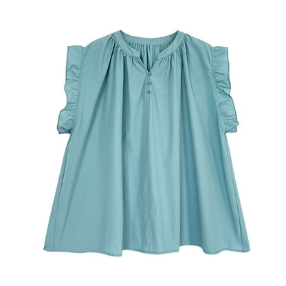 Korean version casual lace lotus leaf sleeve shirt top women's summer new V-neck button pleated short sleeve
