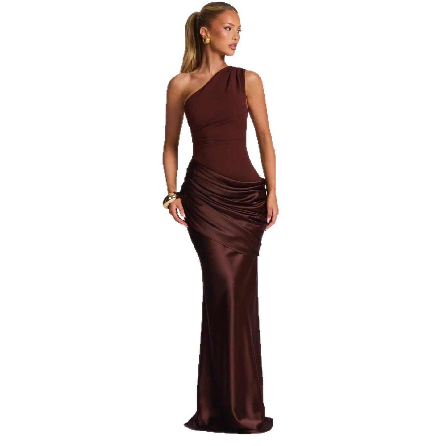 New fashion diagonal collar pleated satin strap hip skirt slim dress women
