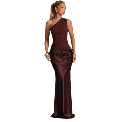 New fashion diagonal collar pleated satin strap hip skirt slim dress women