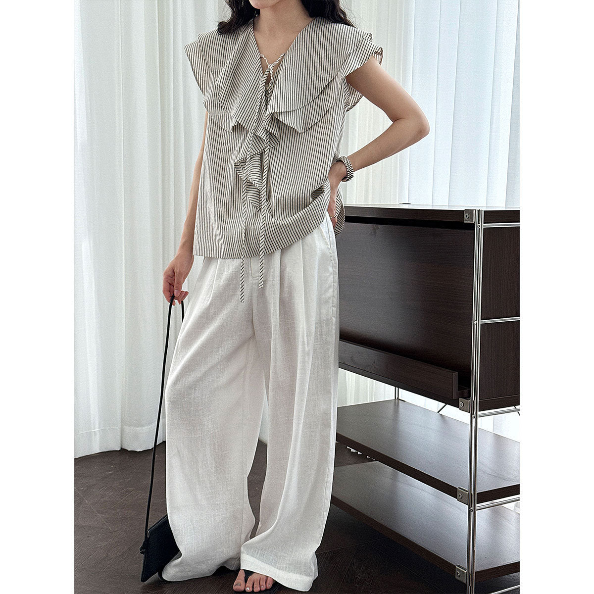 Korean design ruffle shirt women's summer new V-neck striped versatile and thin top