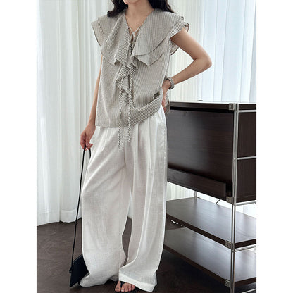 Korean design ruffle shirt women's summer new V-neck striped versatile and thin top