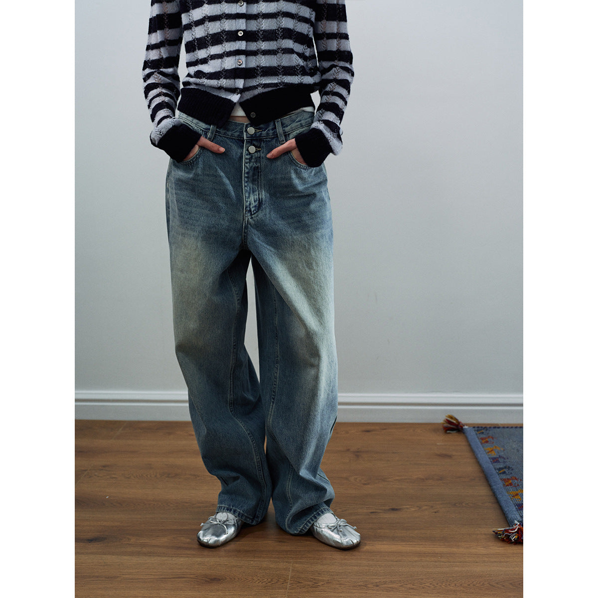 Spring casual high-waisted old-fashioned dirty basic versatile long straight jeans