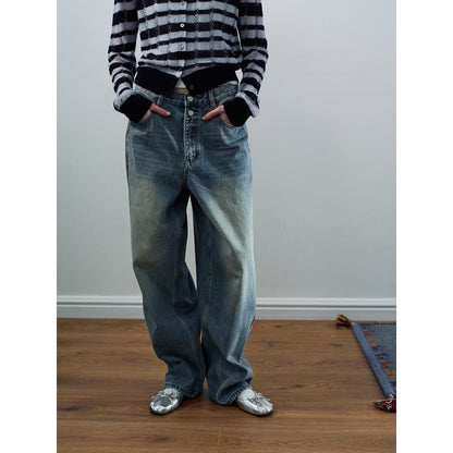 Spring casual high-waisted old-fashioned dirty basic versatile long straight jeans