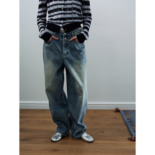 Spring casual high-waisted old-fashioned dirty basic versatile long straight jeans