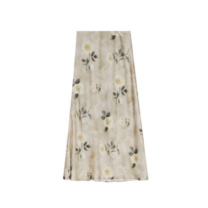 Rich and elegant hip-wrapped temperament printed satin skirt for women