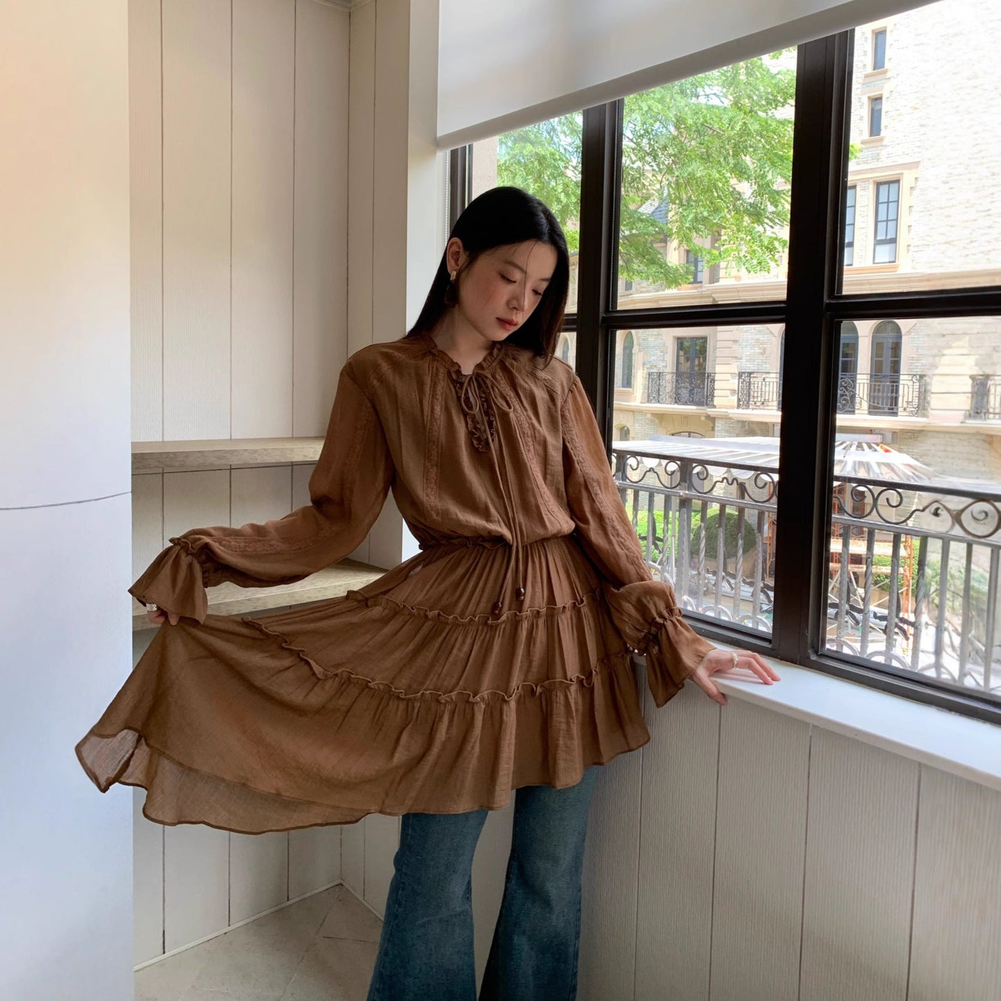 Age reduction temperament irregular beveled hem shirt dress