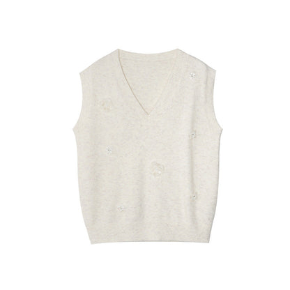 Sweet stacked three-dimensional flower wool v-neck sweater vest