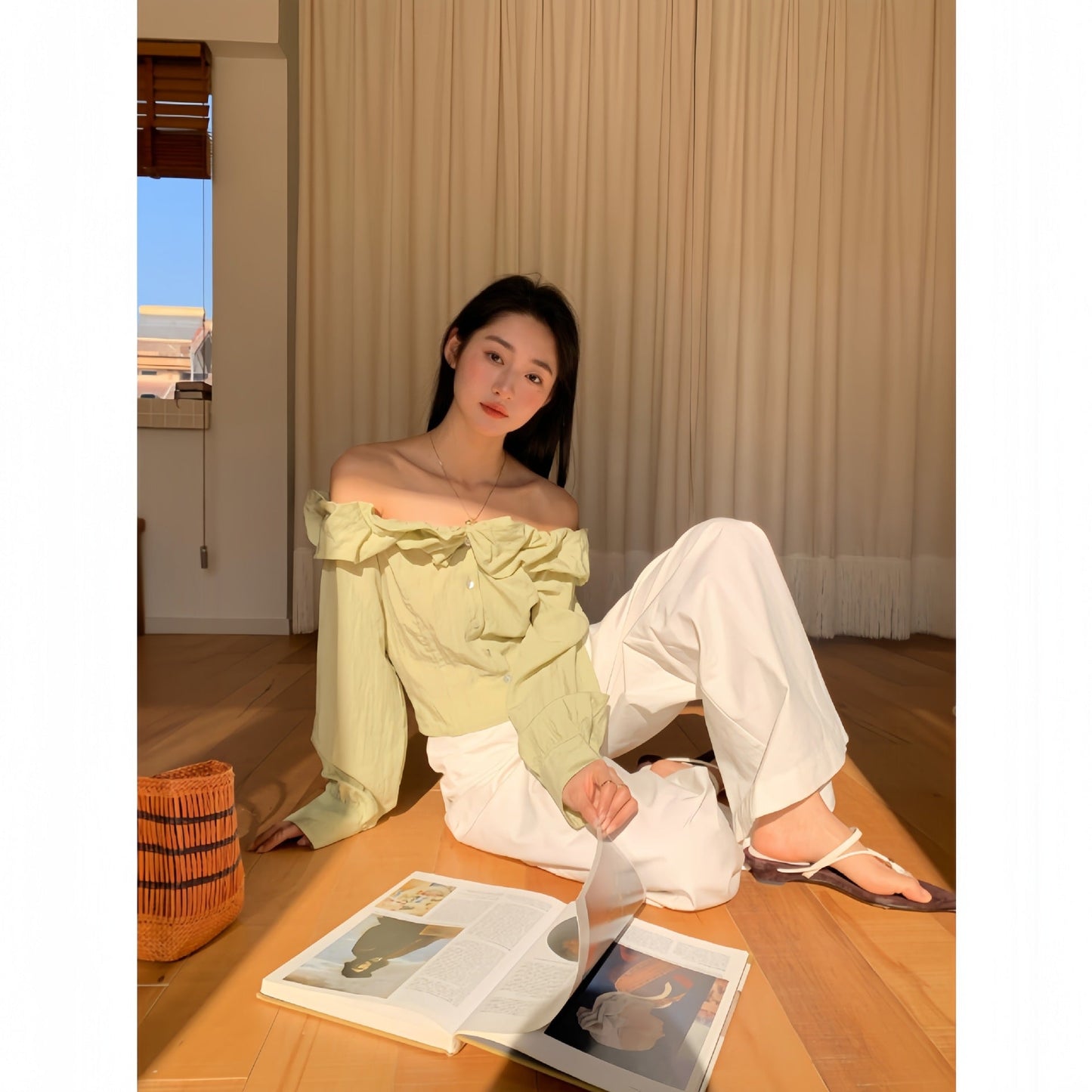 Gentle and fresh age-reducing shoulder Tencel chiffon shirt
