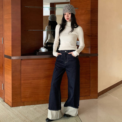 Foreign-style striped flanged mid-waist straight jeans