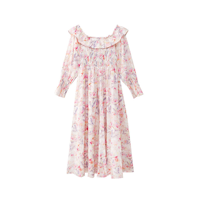Early spring French sweet temperament age-reducing one-word shoulder floral dress