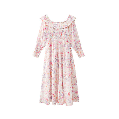 Early spring French sweet temperament age-reducing one-word shoulder floral dress