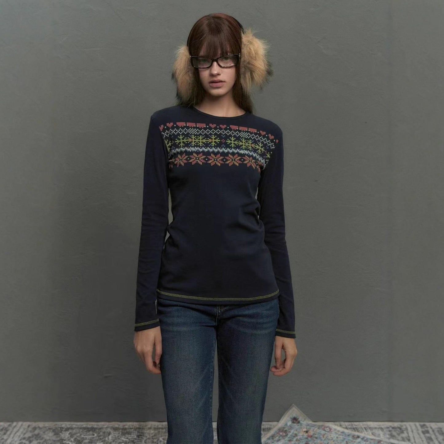 New Fair Island printed long-sleeved women's autumn lazy and comfortable inner bottoming shirt