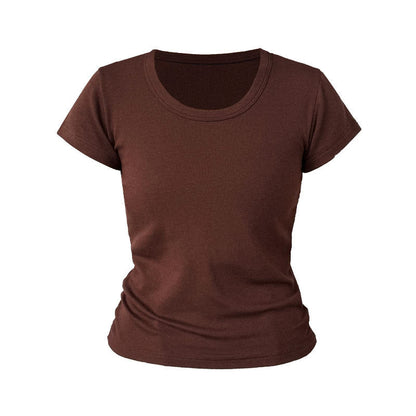 Huge comfort~ Tencel wool shoulder U-neck short-sleeved T-shirt women's summer commuting slim-fitting and thin top