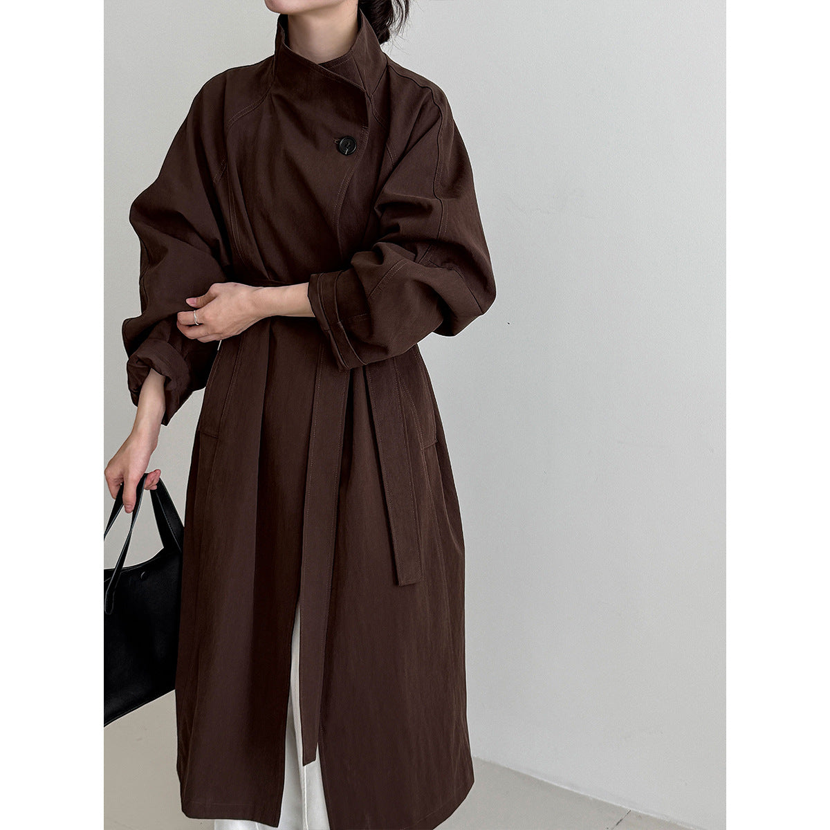 Korean high-end one-button stand-up collar loose coat women's autumn new medium and long trench coat