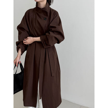 Korean high-end one-button stand-up collar loose coat women's autumn new medium and long trench coat
