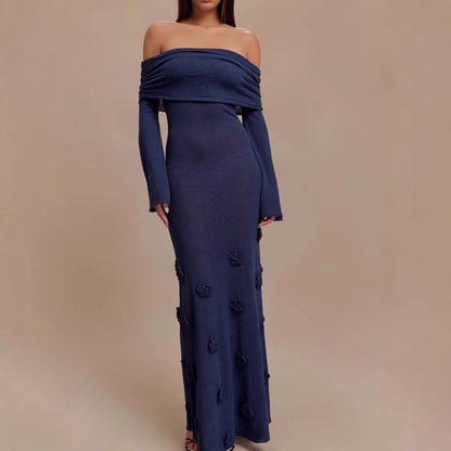 New sexy flower one-word shoulder knitted dress fashionable autumn and winter dress