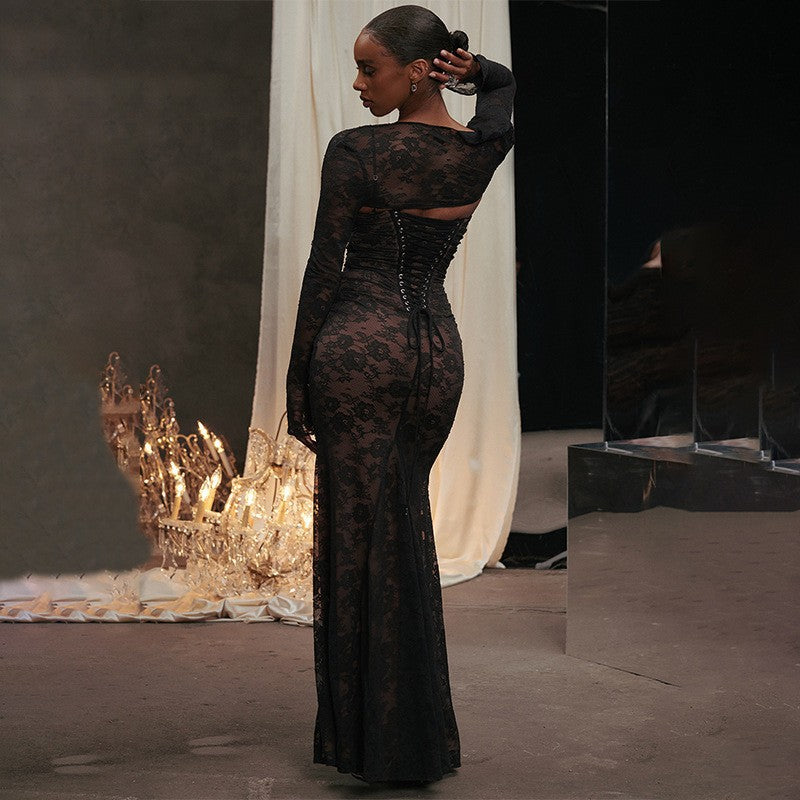 High-end light luxury evening dress suspender long-sleeved lace dress