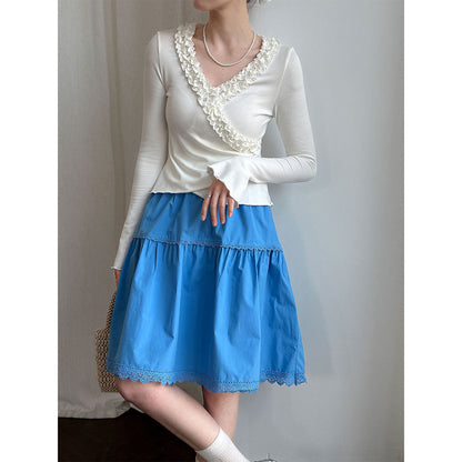 French three-dimensional lace V-neck inner women's 26 early spring niche design slim-fitting fungus edge bottoming shirt
