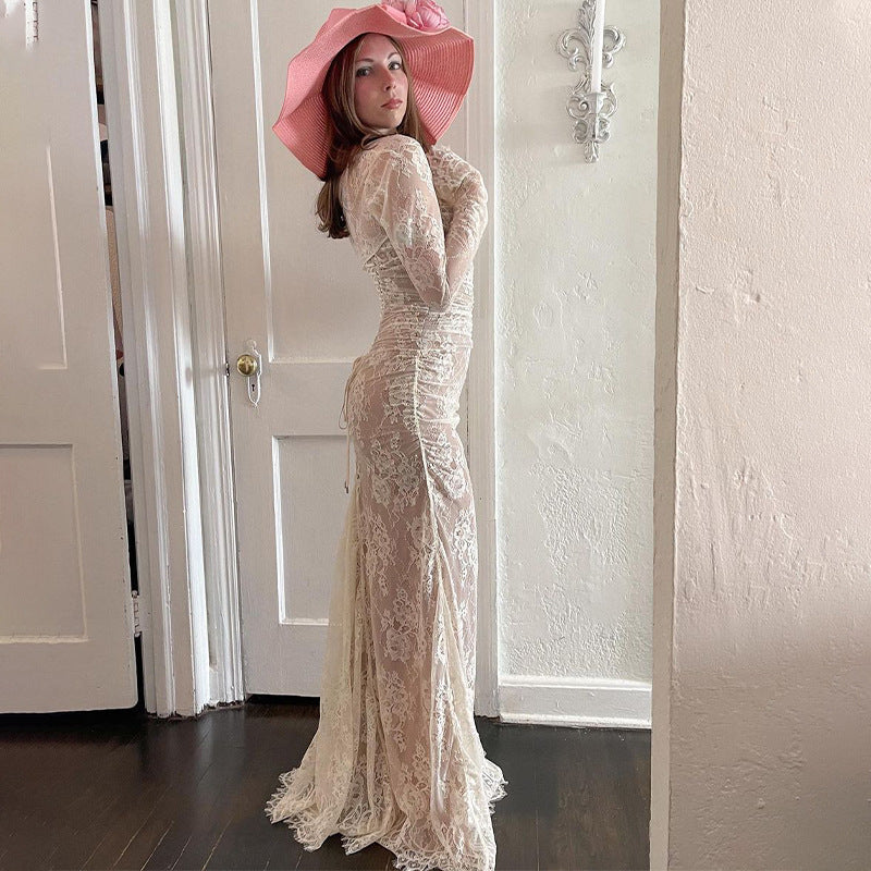 High-end light luxury evening dress suspender long-sleeved lace dress