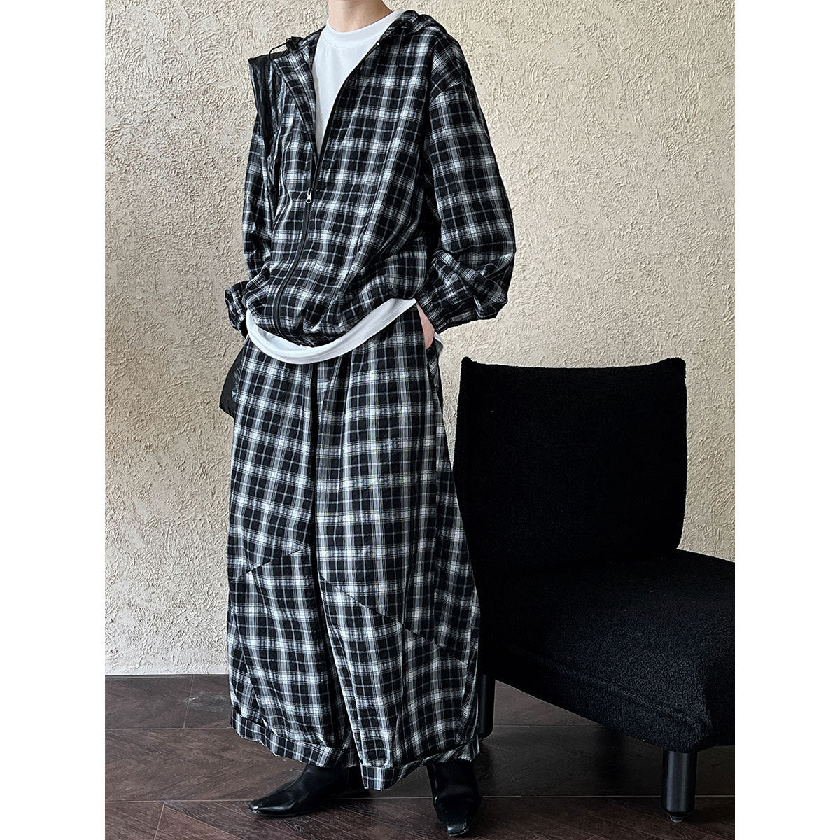 Vintage contrasting plaid jacket women's 2024 autumn new long-sleeved loose drawstring hooded top