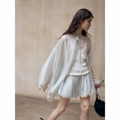 Unique color frying process, natural mottled soft Tencel lace-up pleated cardigan jacket
