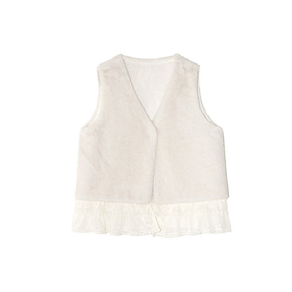 Women's V-Neck Lace Spliced Sleeveless Plush Vest