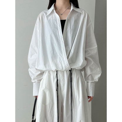 Korean high-texture large V-neck stacked shirt women's autumn lazy design hem waist shirt