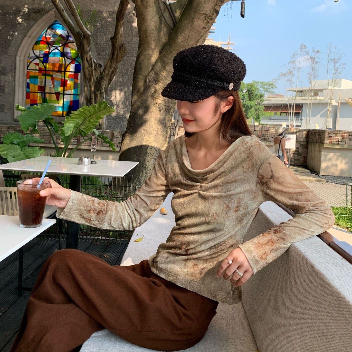 Old swinging collar slim-fitting pleated top bottoming shirt