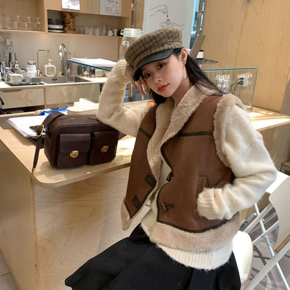 Plush horn buckle fur one-piece vest jacket