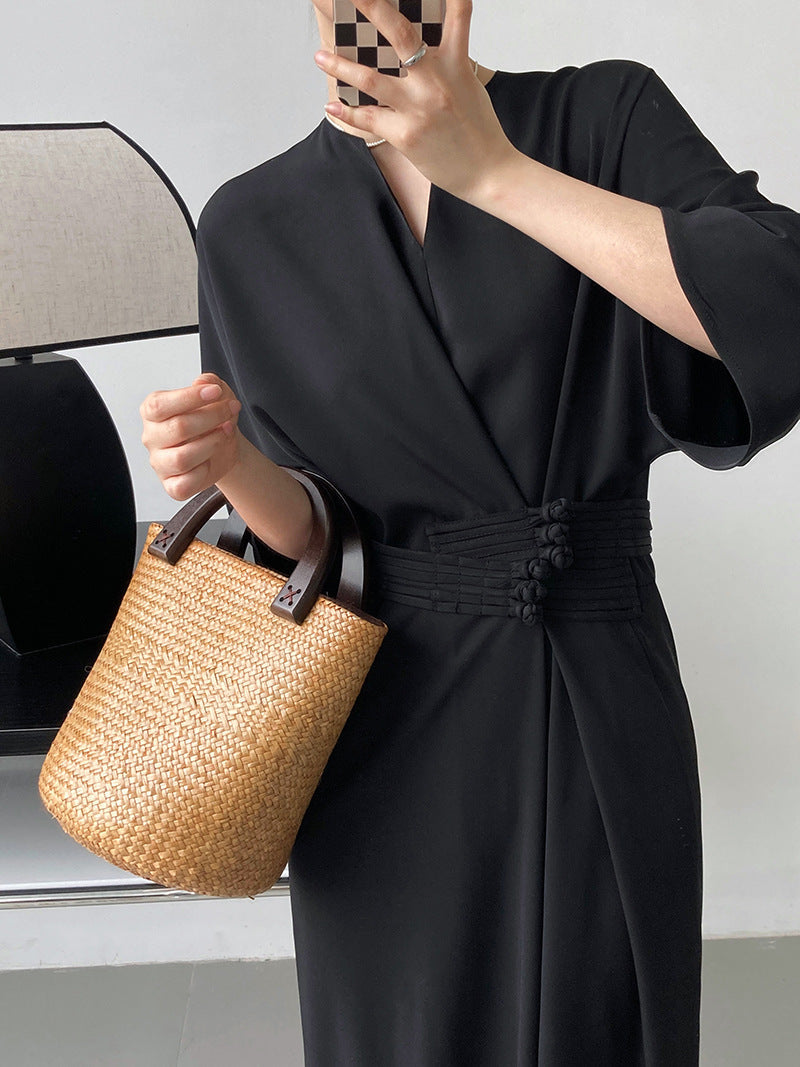 Temperament senior buckle waist strap straight dress new Chinese style improved long skirt