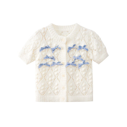 Cute sweet bow hollow short-sleeved knitted sweater