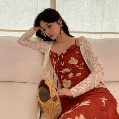 Hollow temperament long-sleeved shawl with thin lace shirt
