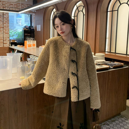 Corner buckle imitation fur pocket fur integrated plush warm jacket