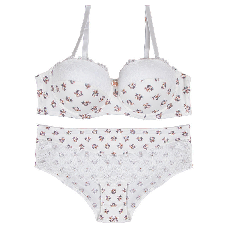 Sexy lace underwear nylon print breathable quick-drying small breasts gather and support women's bra set