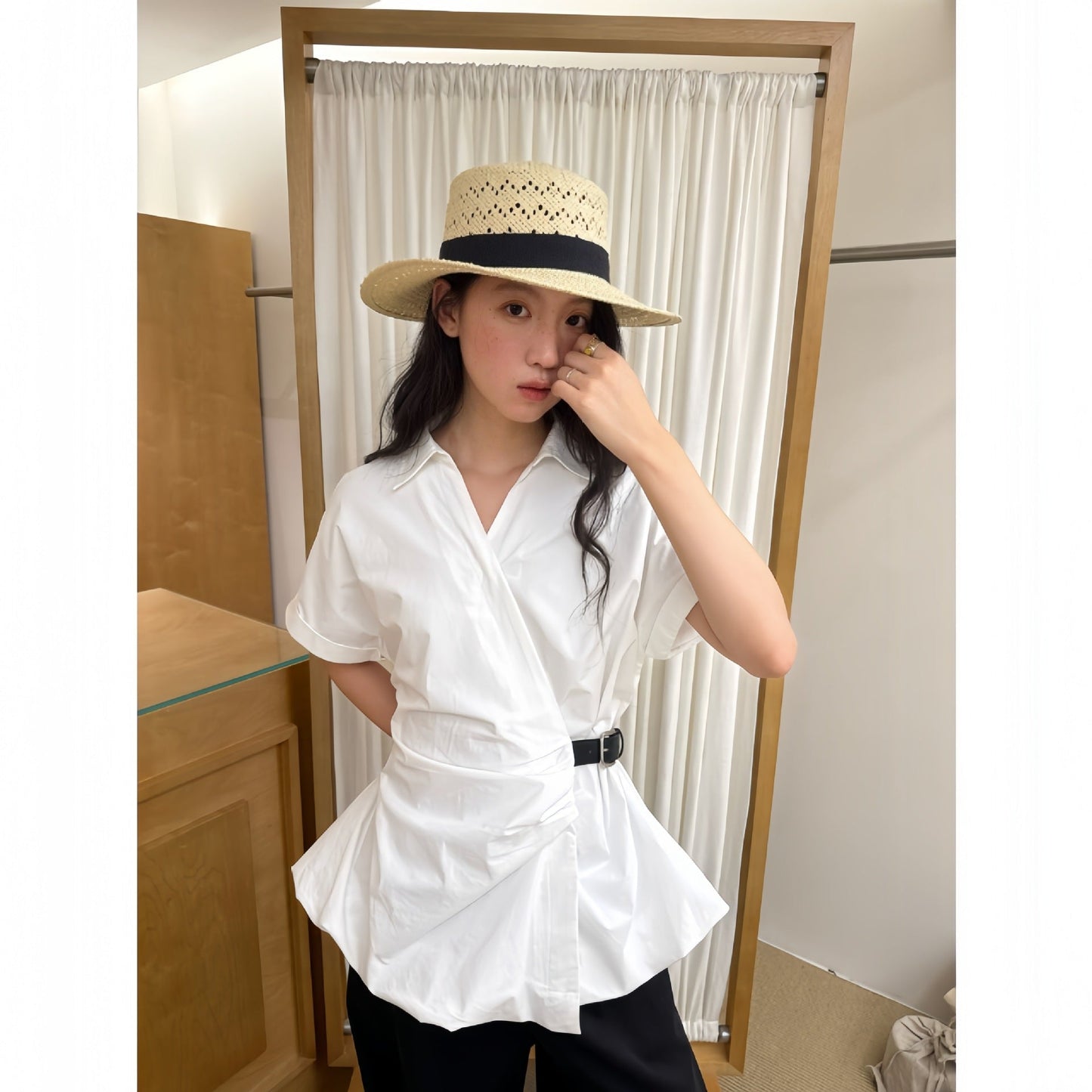 French temperament versatile pure cotton thin waist buckle short-sleeved shirt