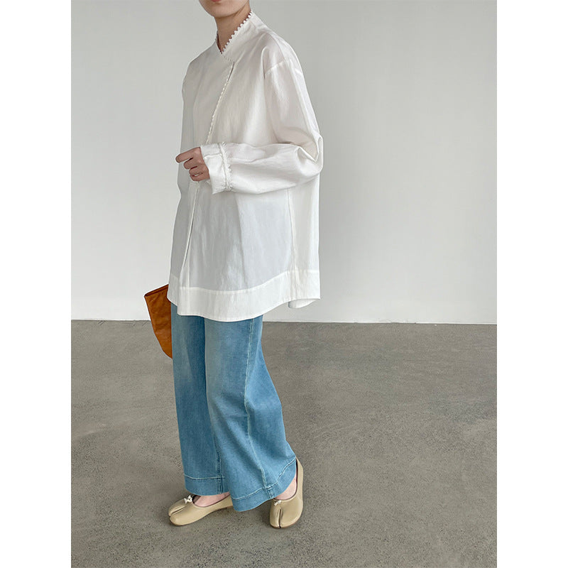 Serrated Lace Semi-Open Collar Loose Long Sleeve Shirt