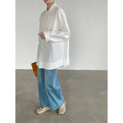 Serrated Lace Semi-Open Collar Loose Long Sleeve Shirt
