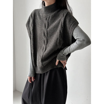 Korean retro twisted semi-turtleneck knitted vest women's 2026 spring stacked design vest