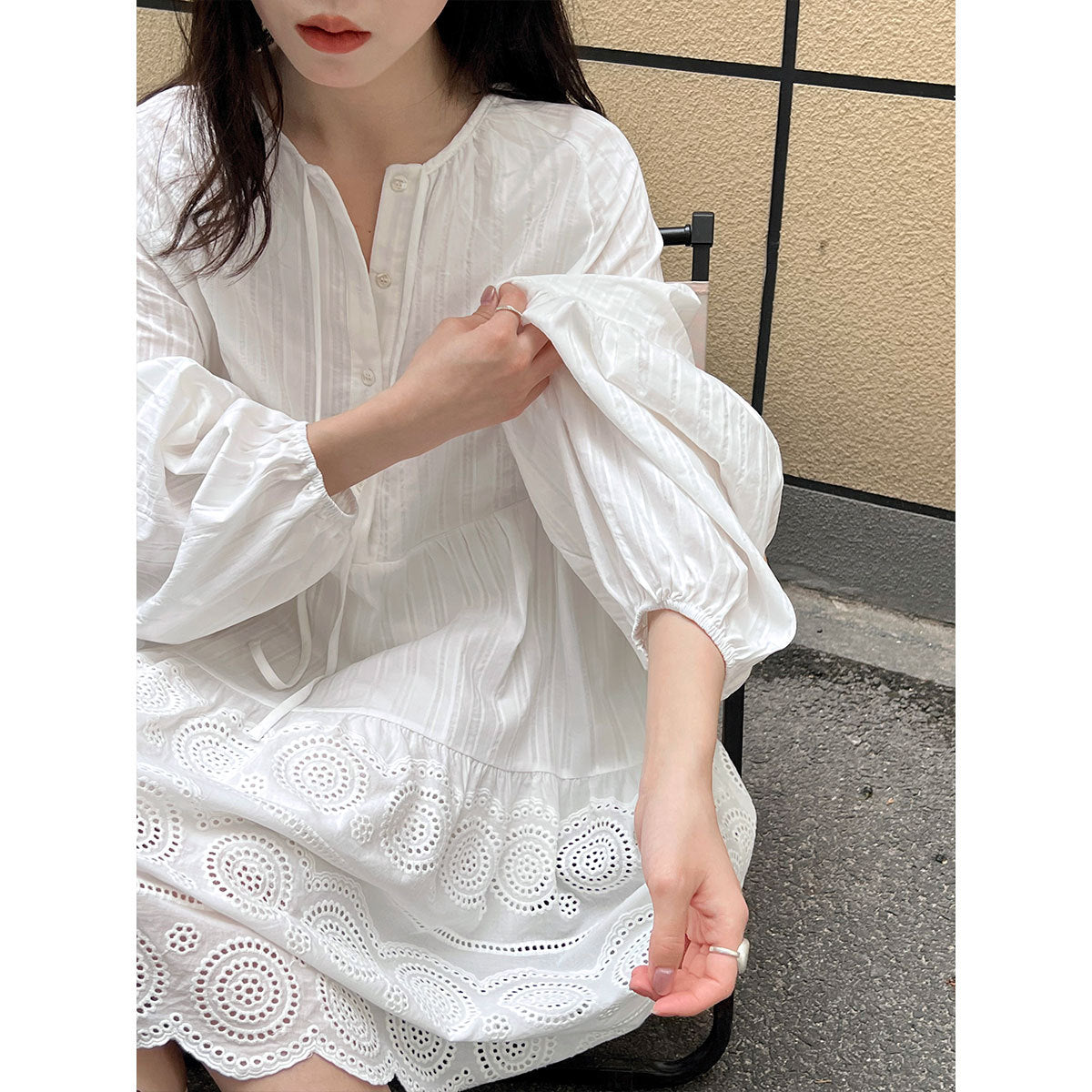 French holiday style lace-up dress spring and summer new lantern sleeves atmosphere thin long-sleeved skirt