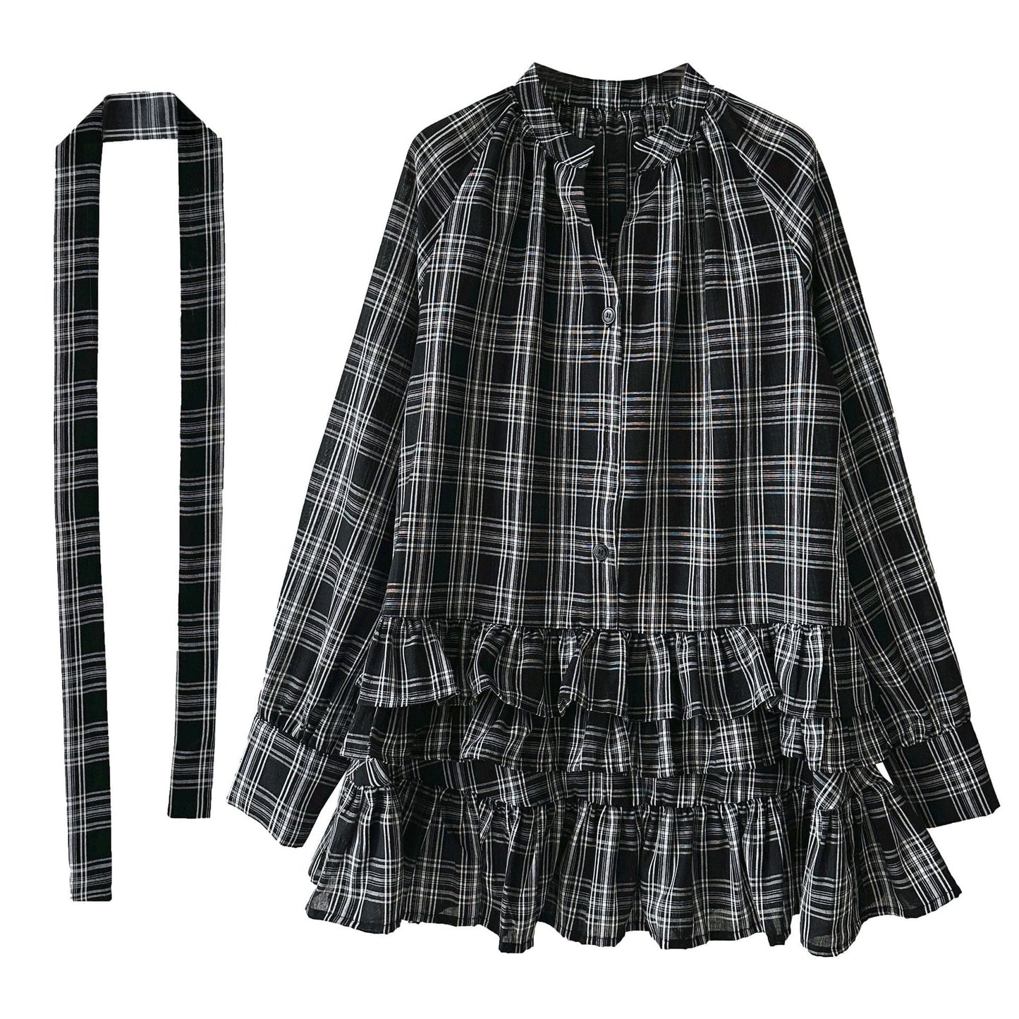 Korean plaid ruffle V-neck lace-up shirt for women's 26 spring niche design stacked dress
