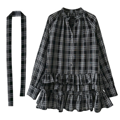 Korean plaid ruffle V-neck lace-up shirt for women's 26 spring niche design stacked dress