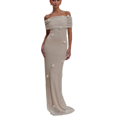 New holiday style tube top long dress design sense slim flower word shoulder dress