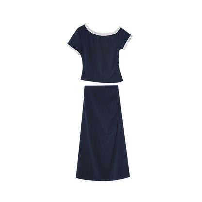 Pleated Skirt Slash Shoulder T-Shirt Two-piece Set
