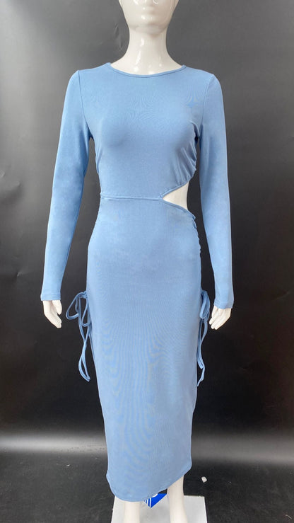 Crew neck long sleeve hip skirt hollow sexy waist pleated design dress style