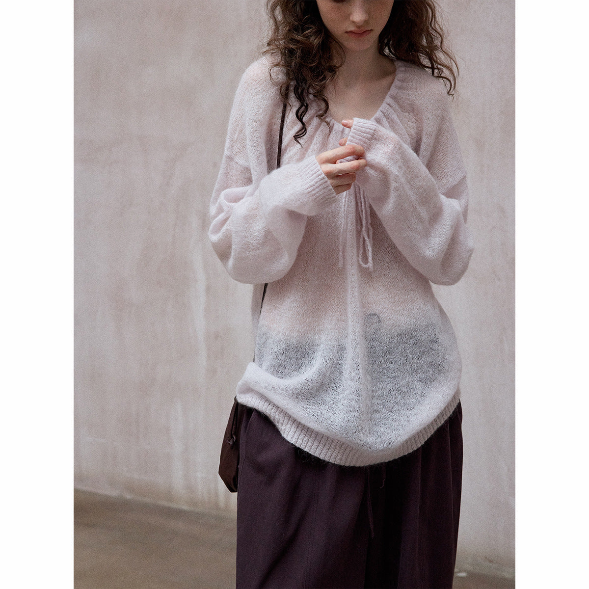 Natural yarn Mohai wool neckline drawstring long sleeve simple loose knitted jumper