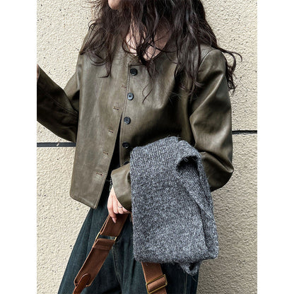 Autumn retro old Hong Kong style round neck PU leather jacket women's coffee green single-breasted jacket top